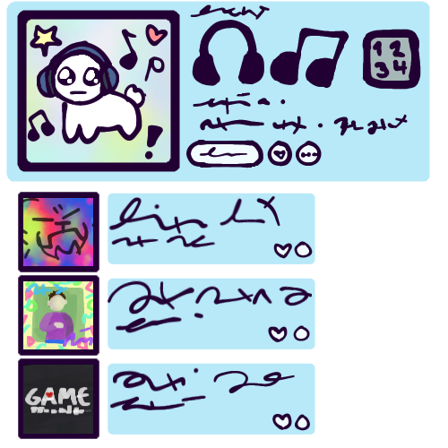  drawing mimicking how a music playlist might look on a music player software. The playlist thumbnail is a square picture of the “tbh creature”, a white, cartoony quadrupedal creature with big shiny black eyes and a neutral expression, wearing headphones. The playlist title, to the right of this, is a series of emojis, those being headphones, two eighth notes, and a button with numbers. There are some scribbles representing a description and a few generic buttons, and then three songs below, with little album covers and scribbles for the song and artist names. The UI elements have light blue backgrounds. 